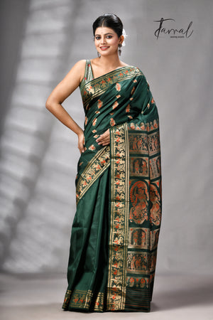 Bottle Green Bishnupuri Katan Swarnachari Silk Handloom Saree