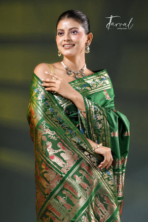Bottle green with golden zari bishnupuri swarnachari silk handloom saree