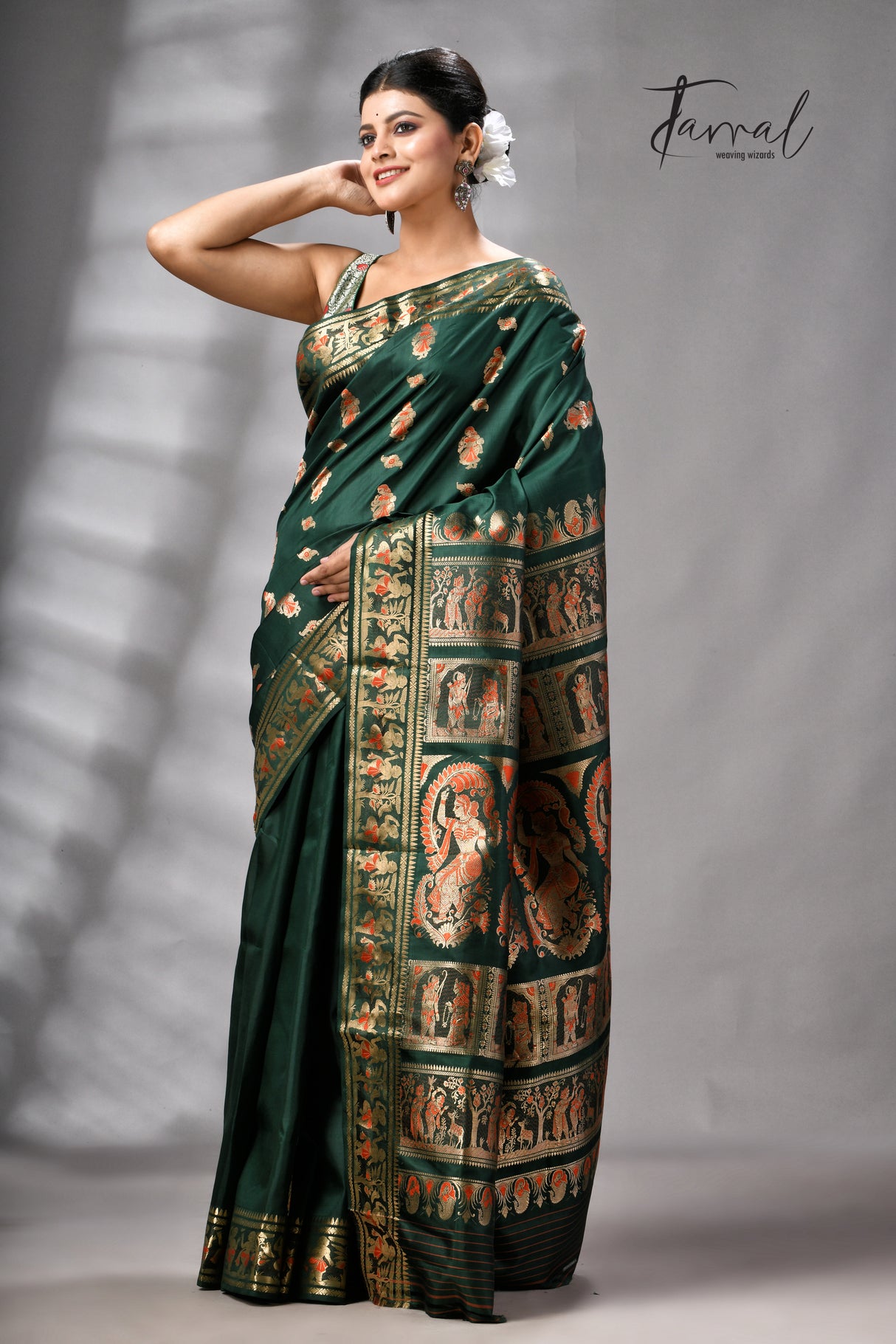 Bottle Green Bishnupuri Katan Swarnachari Silk Handloom Saree