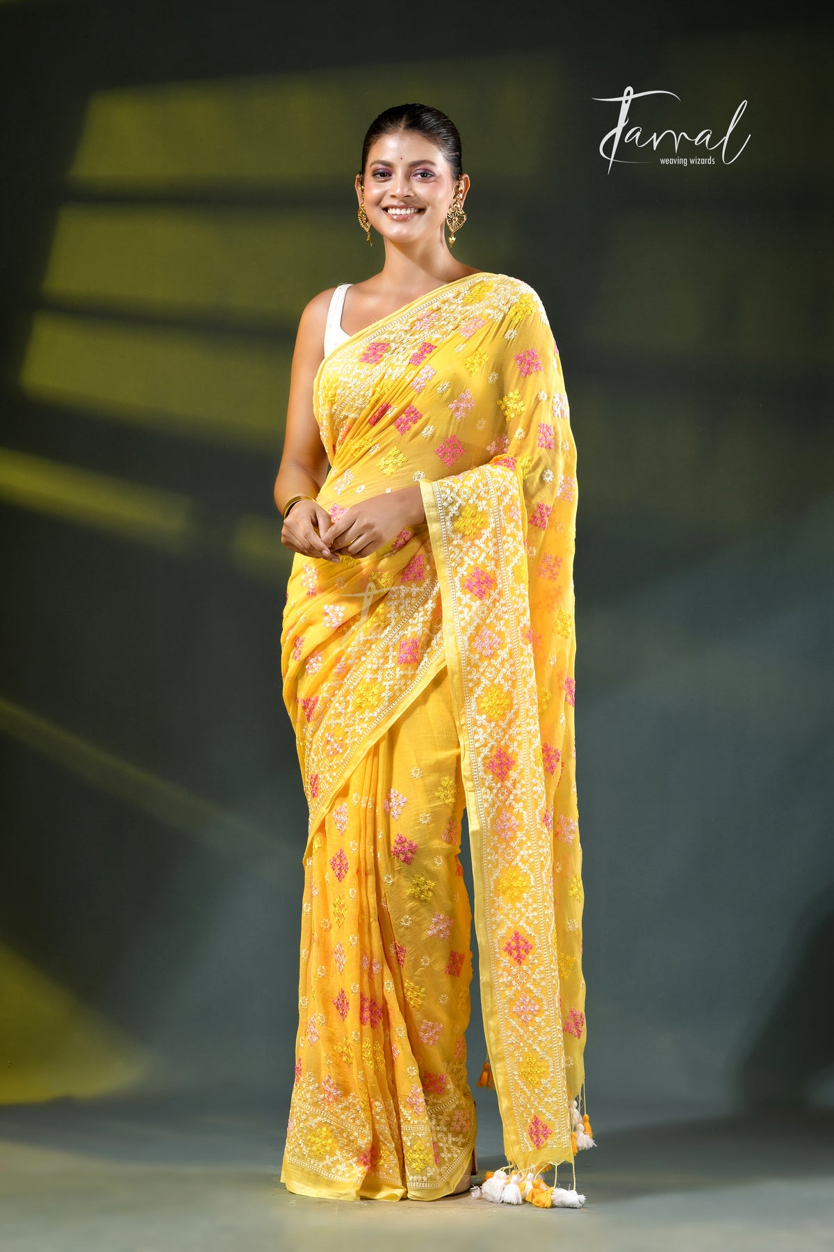 Yellow colour pure mulmul cotton embroidery saree