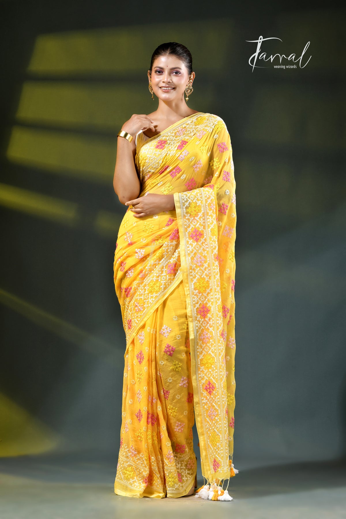 Yellow colour pure mulmul cotton embroidery saree