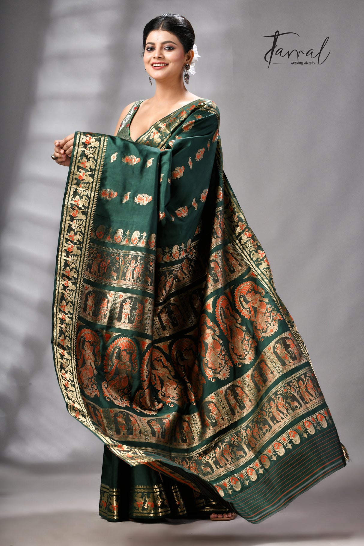 Bottle Green Bishnupuri Katan Swarnachari Silk Handloom Saree