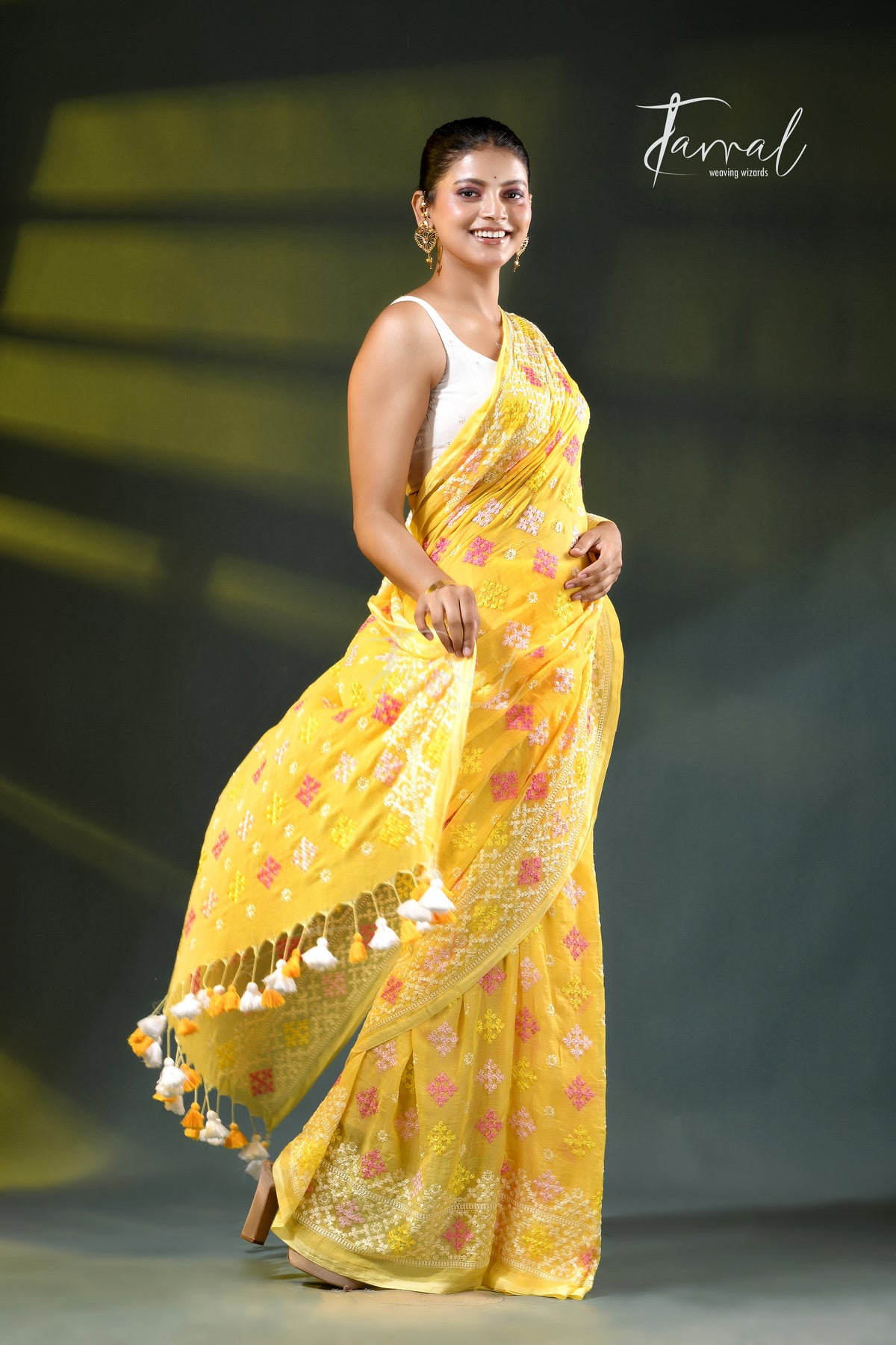 Yellow colour pure mulmul cotton embroidery saree