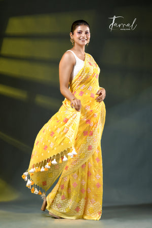 Yellow colour pure mulmul cotton embroidery saree