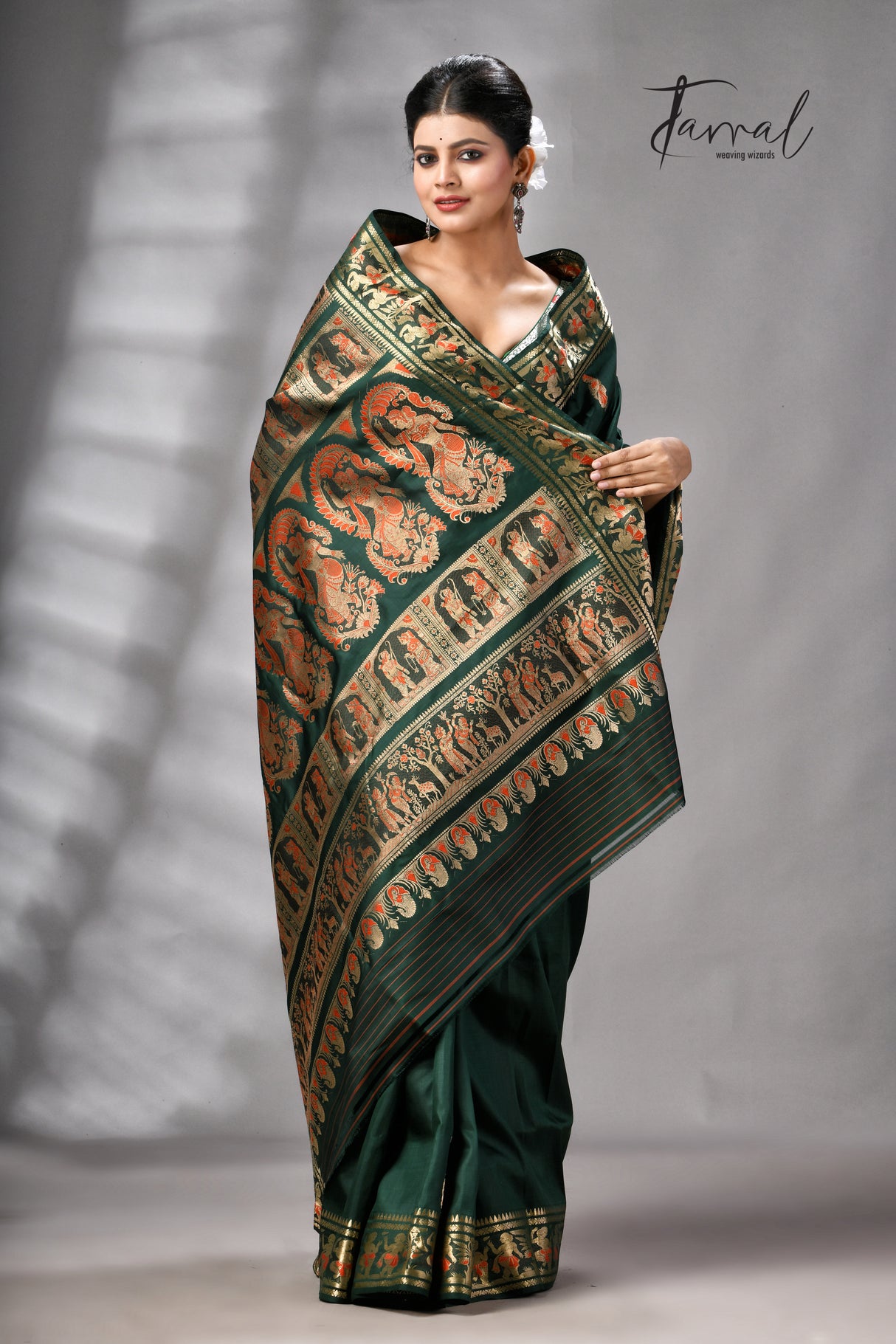Bottle Green Bishnupuri Katan Swarnachari Silk Handloom Saree