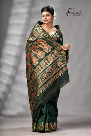 Bottle Green Bishnupuri Katan Swarnachari Silk Handloom Saree