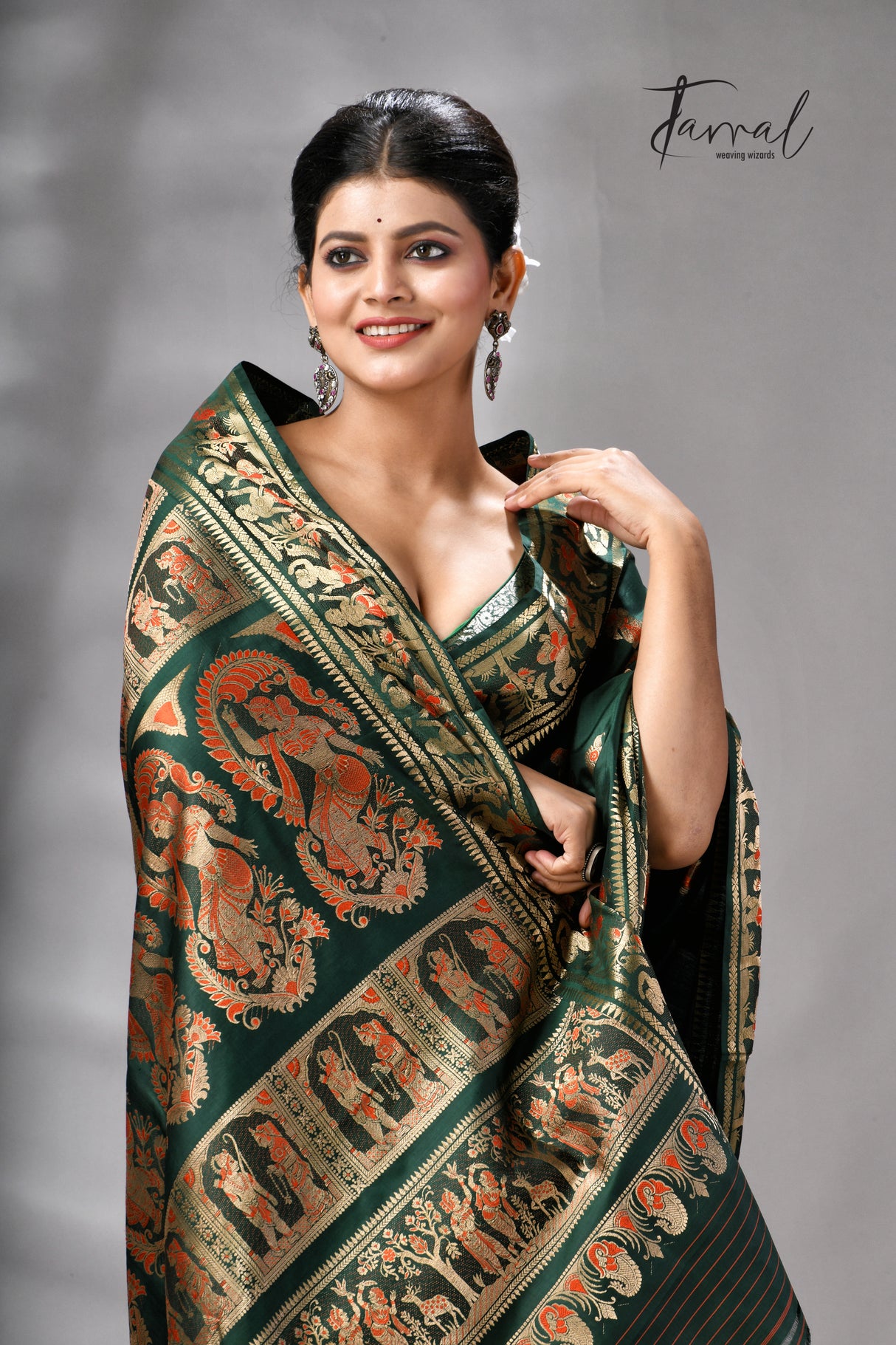 Bottle Green Bishnupuri Katan Swarnachari Silk Handloom Saree