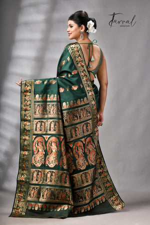 Bottle Green Bishnupuri Katan Swarnachari Silk Handloom Saree