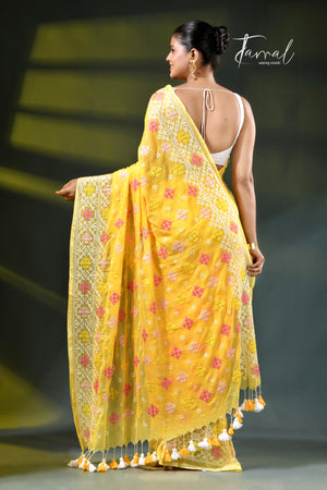 Yellow colour pure mulmul cotton embroidery saree