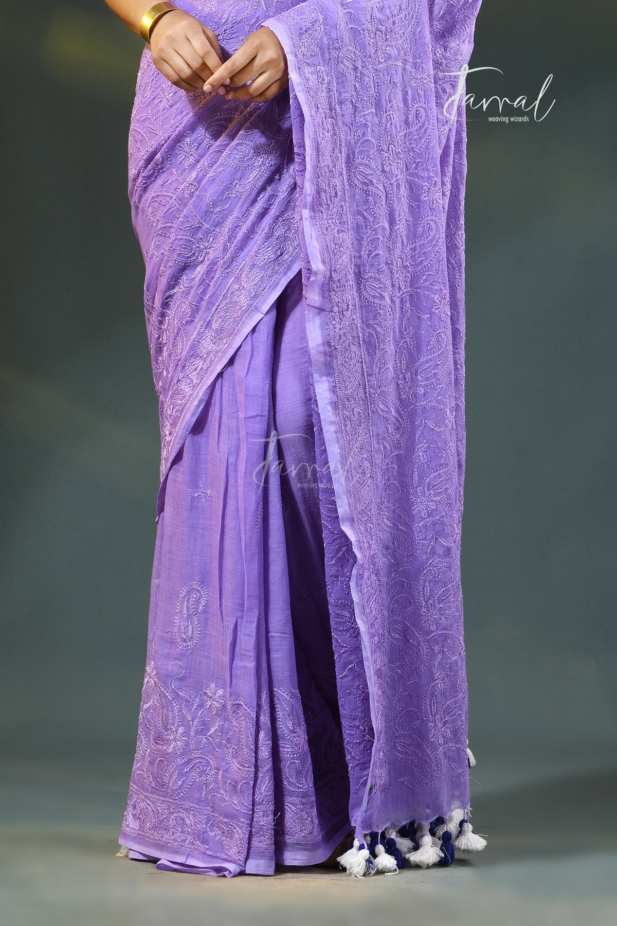 Purple Mulmul Cotton Saree with Chikankari Embroidery | Lucknow Heritage Craft | Tamal Boutique