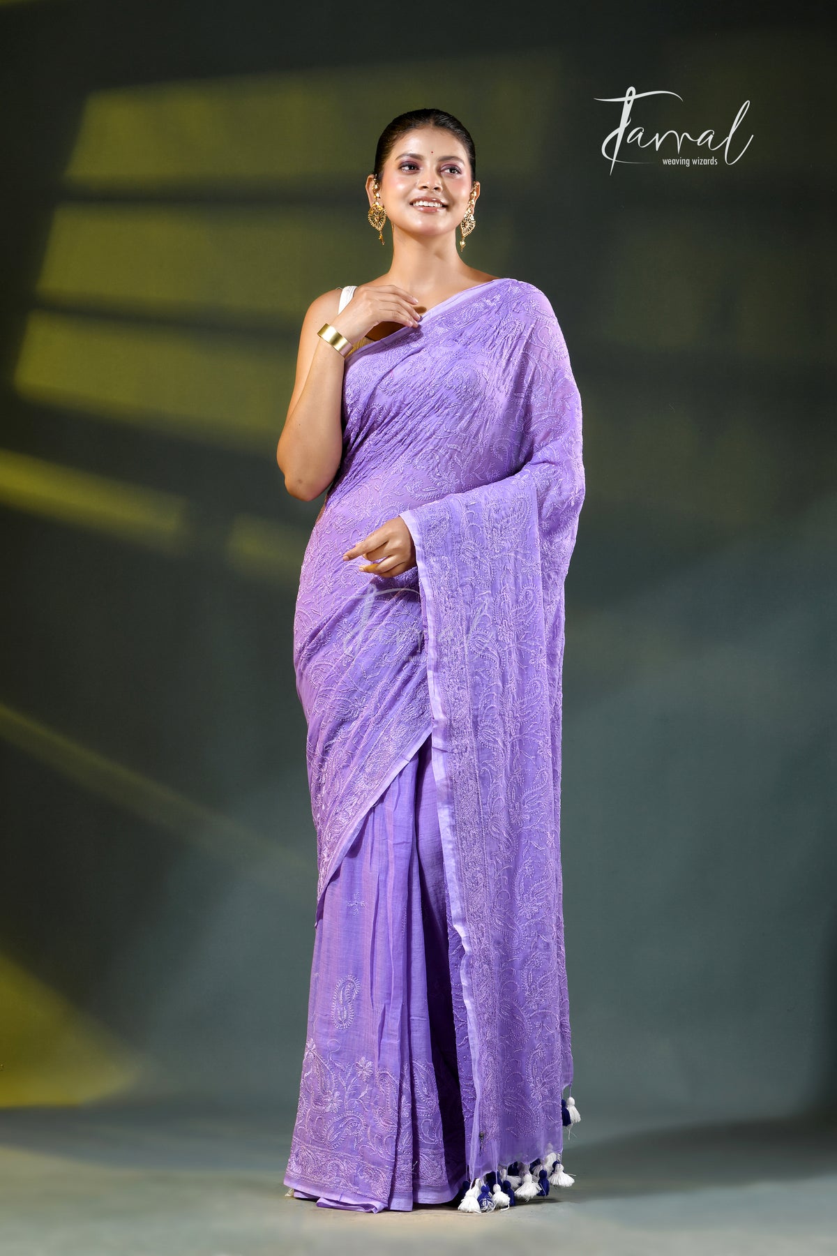 Purple Mulmul Cotton Saree with Chikankari Embroidery | Lucknow Heritage Craft | Tamal Boutique