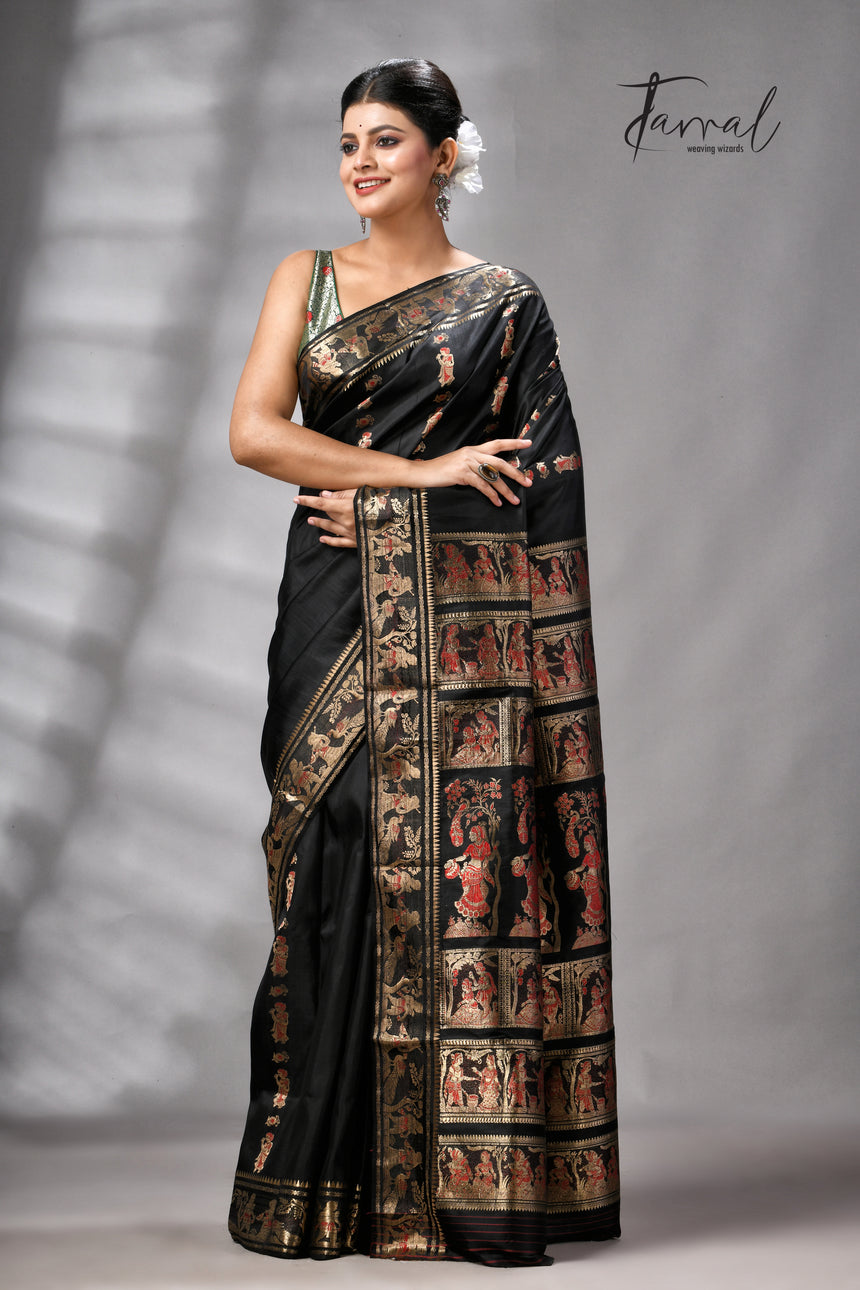 Black bishnupri Katan swarnachari silk handloom saree