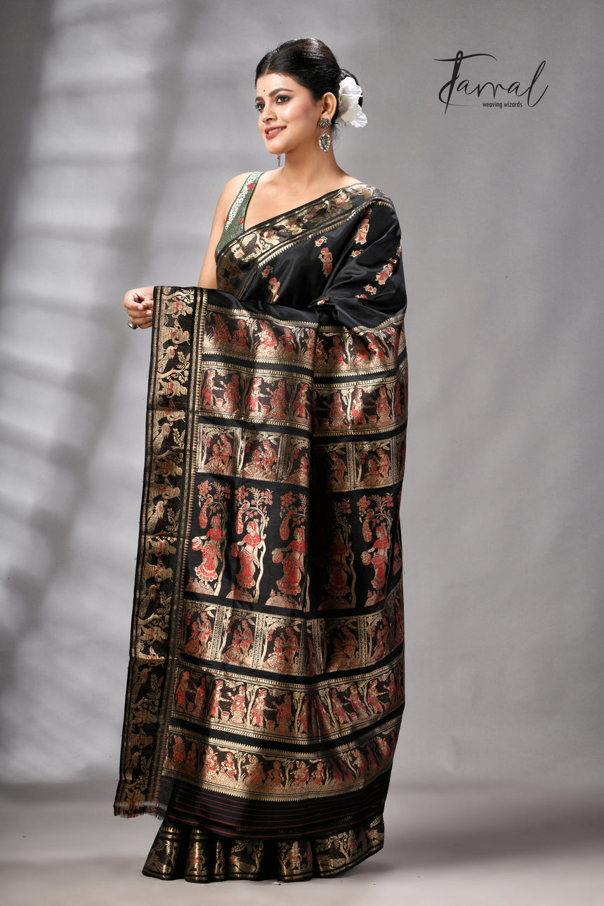 Black bishnupri Katan swarnachari silk handloom saree