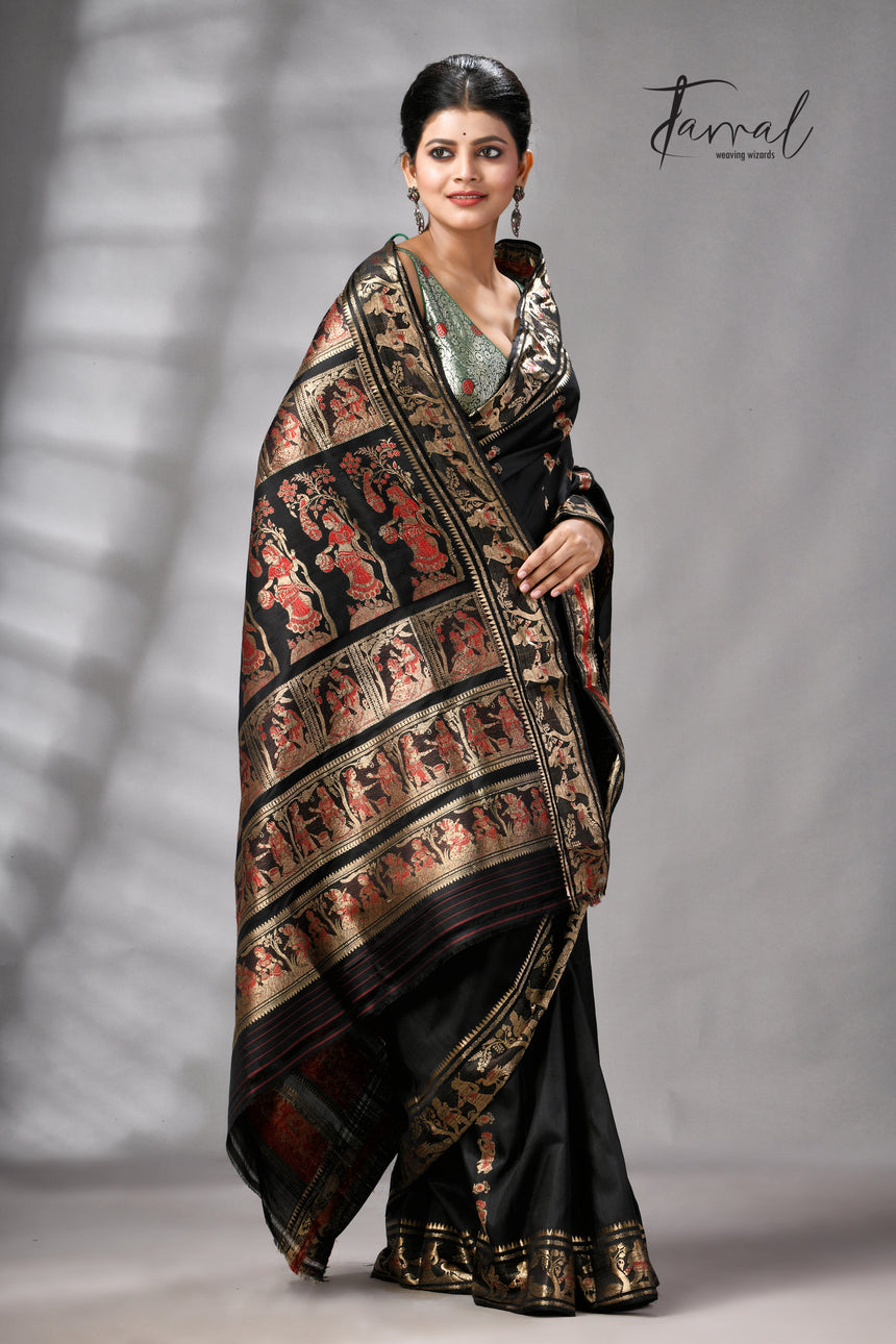 Black bishnupri Katan swarnachari silk handloom saree