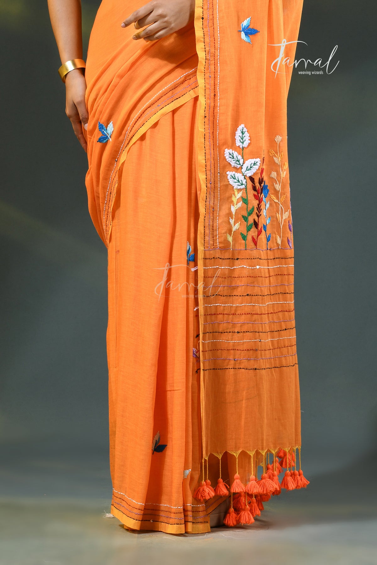 Rust orange colour mulmul cotton handloom embroidery saree