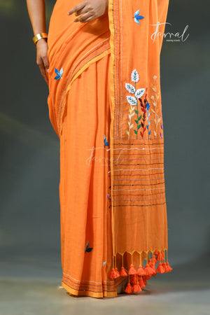 Rust orange colour mulmul cotton handloom embroidery saree