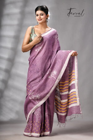 Magenta Colour Pure Linen Hand Block Printed Saree
