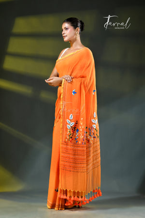 Rust orange colour mulmul cotton handloom embroidery saree