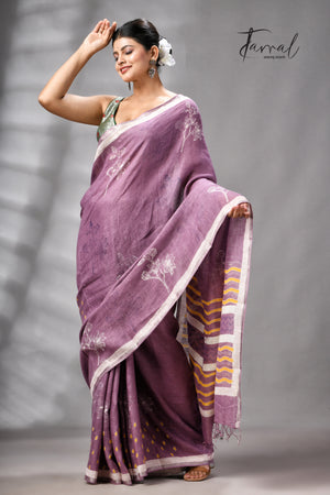 Magenta Colour Pure Linen Hand Block Printed Saree