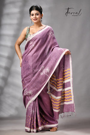 Magenta Colour Pure Linen Hand Block Printed Saree