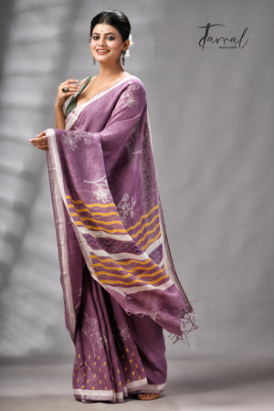 Magenta Colour Pure Linen Hand Block Printed Saree