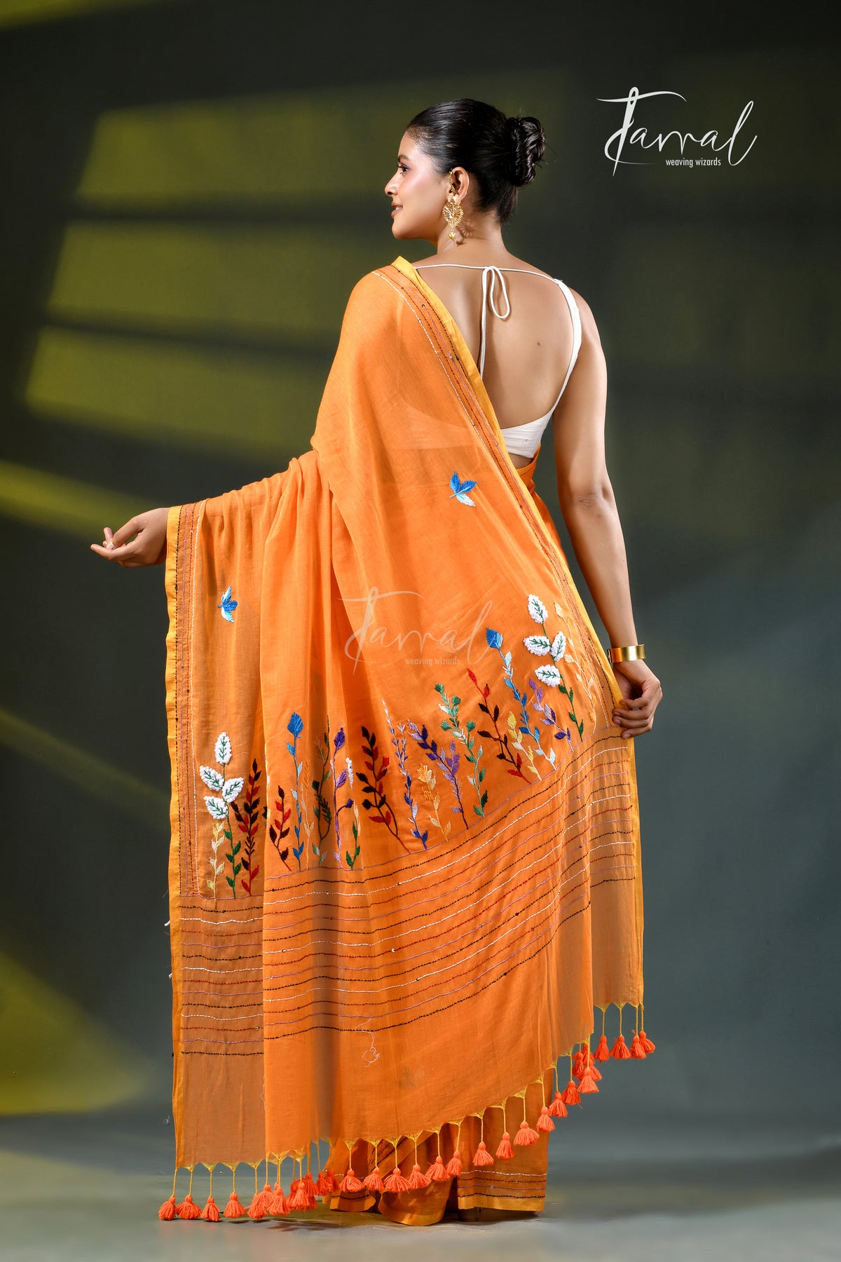 Rust orange colour mulmul cotton handloom embroidery saree