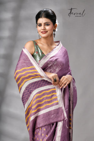 Magenta Colour Pure Linen Hand Block Printed Saree
