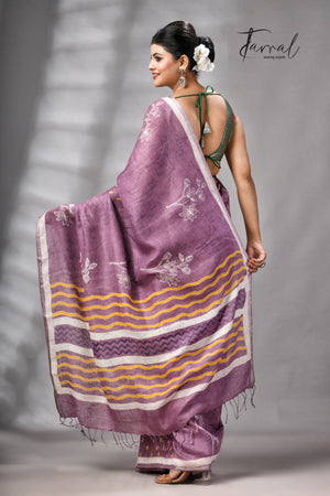 Magenta Colour Pure Linen Hand Block Printed Saree