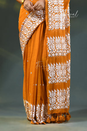 Mustard yellow with white kathiyawadi embroidery mulmul cotton saree