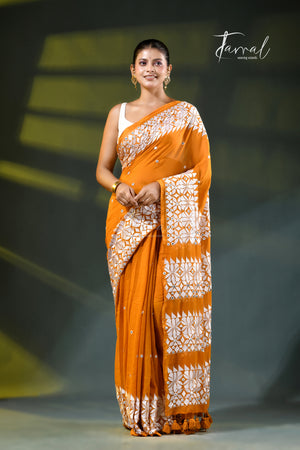 Mustard yellow with white kathiyawadi embroidery mulmul cotton saree