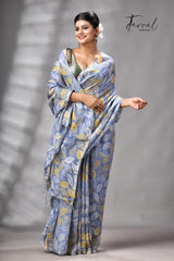 Dust Sky Colour Pure Linen Hand Block Printed Saree