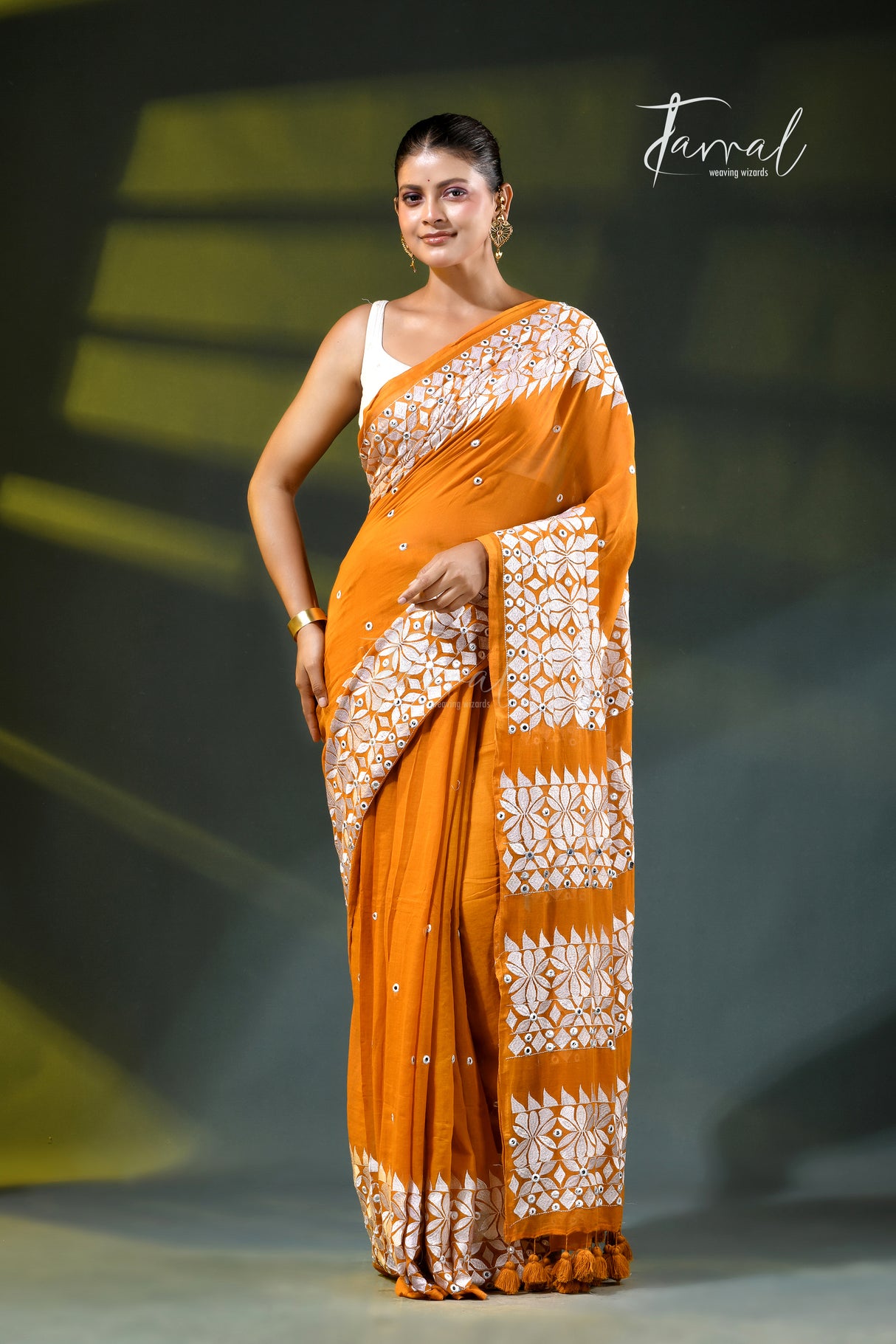 Mustard yellow with white kathiyawadi embroidery mulmul cotton saree