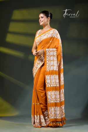 Mustard yellow with white kathiyawadi embroidery mulmul cotton saree