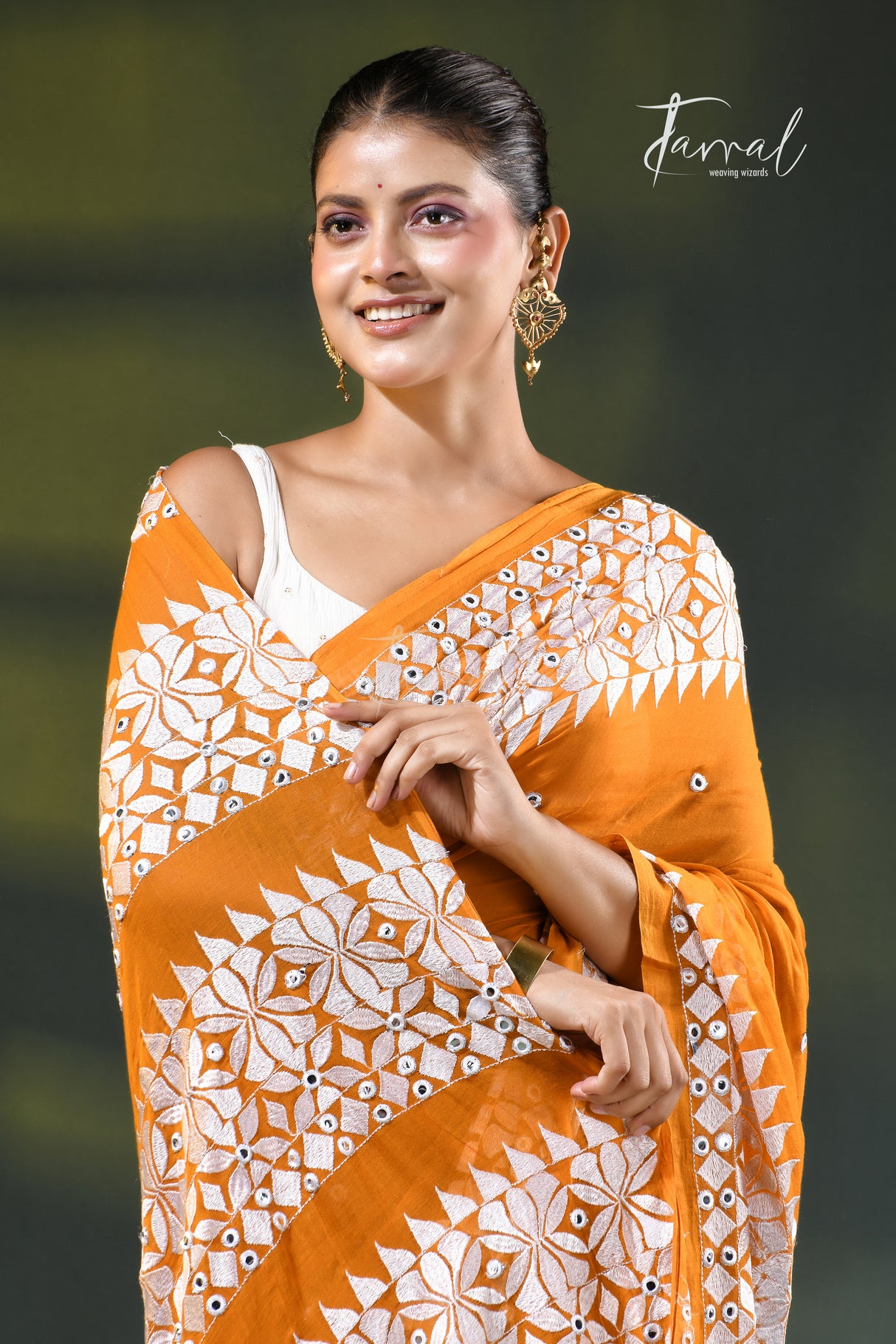 Mustard yellow with white kathiyawadi embroidery mulmul cotton saree