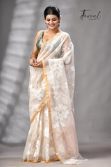Offwhite With Beige Border Muslin Silk Floral Handwoven Jamdani Saree