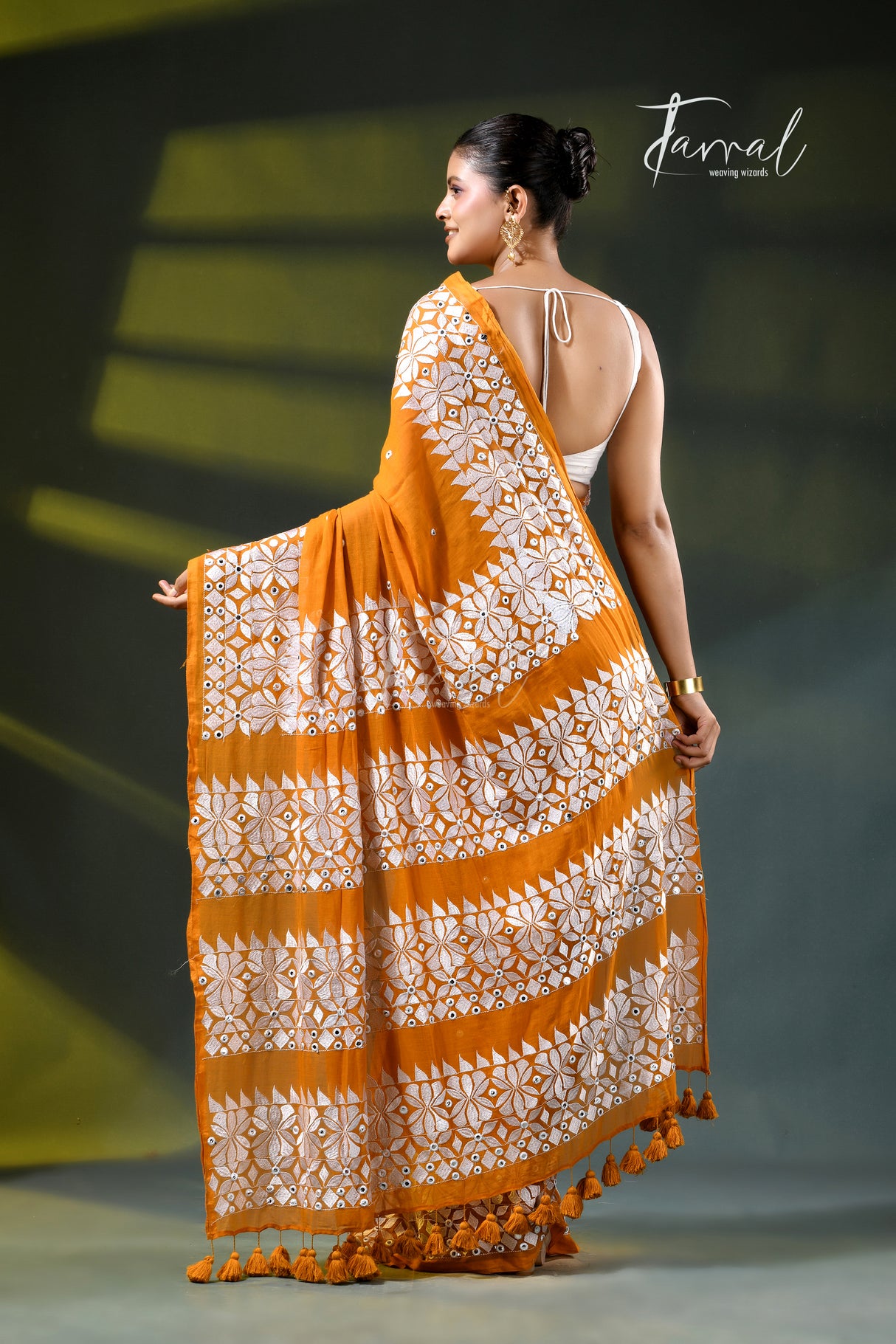 Mustard yellow with white kathiyawadi embroidery mulmul cotton saree