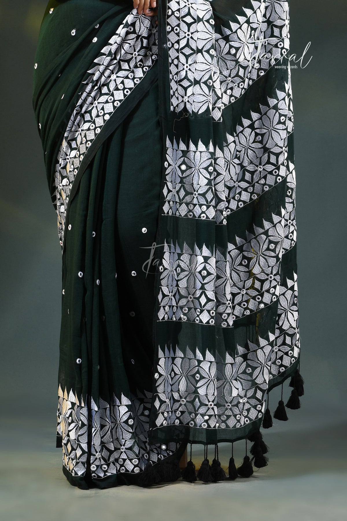 Dark Green Mulmul Cotton Saree with White Kathiyawadi Embroidery | Cross-Regional Craft | Tamal Boutique