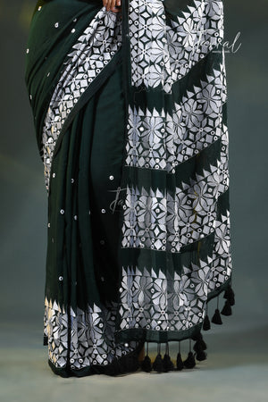 Dark Green Mulmul Cotton Saree with White Kathiyawadi Embroidery | Cross-Regional Craft | Tamal Boutique