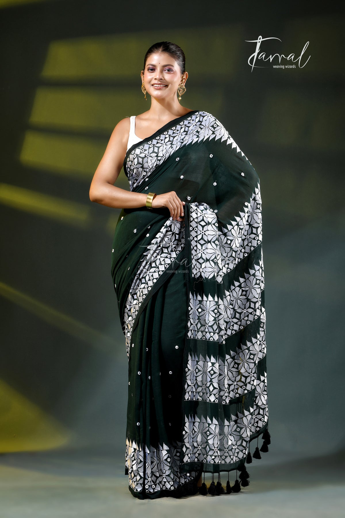 Dark Green Mulmul Cotton Saree with White Kathiyawadi Embroidery | Cross-Regional Craft | Tamal Boutique