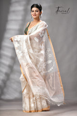 Offwhite With Beige Border Muslin Silk Floral Handwoven Jamdani Saree