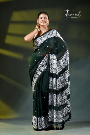 Dark Green Mulmul Cotton Saree with White Kathiyawadi Embroidery | Cross-Regional Craft | Tamal Boutique