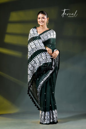 Dark Green Mulmul Cotton Saree with White Kathiyawadi Embroidery | Cross-Regional Craft | Tamal Boutique