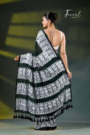 Dark Green Mulmul Cotton Saree with White Kathiyawadi Embroidery | Cross-Regional Craft | Tamal Boutique