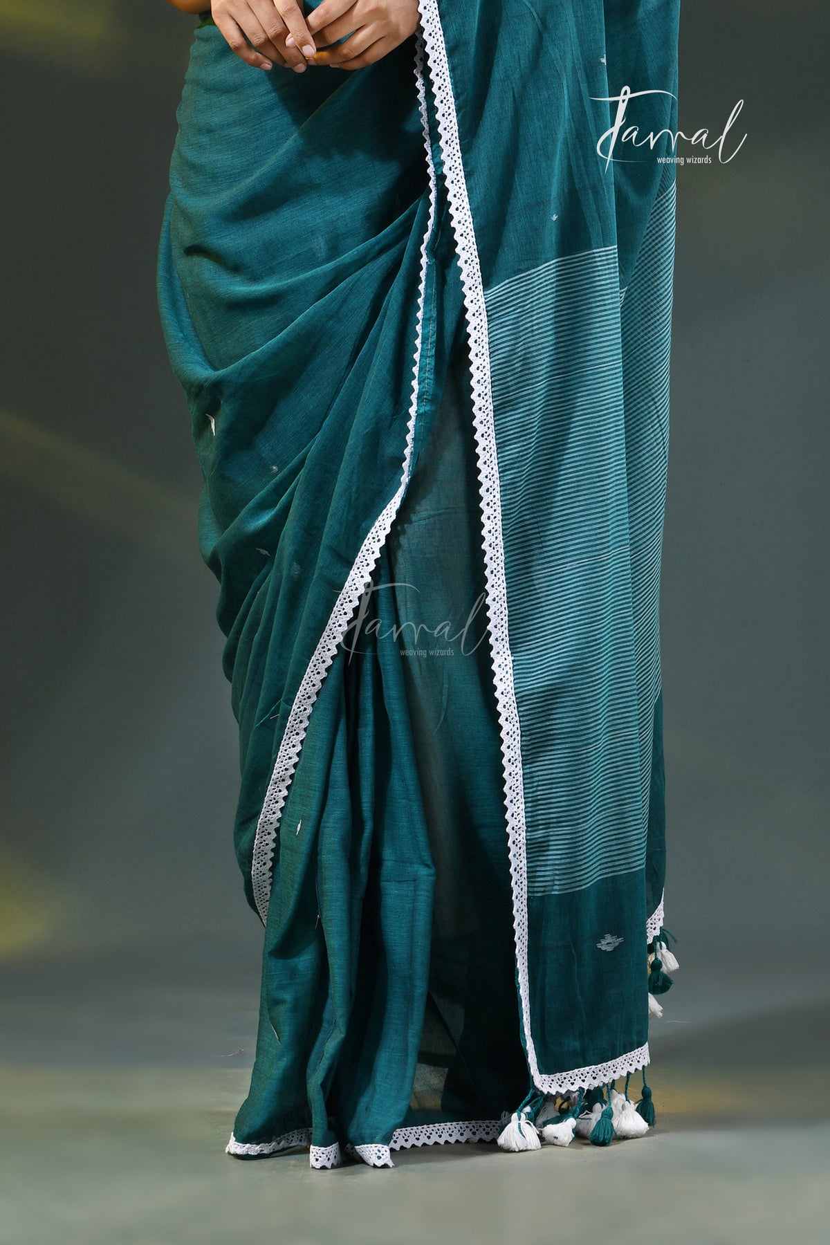 Teal Blue Handloom Jamdani Saree | Geometric Motifs | Minimal Border | Tamal Boutique