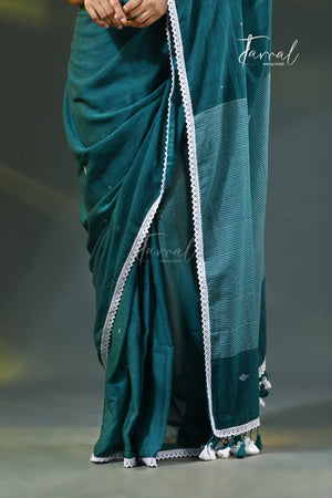 Teal Blue Handloom Jamdani Saree | Geometric Motifs | Minimal Border | Tamal Boutique