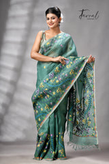 Pine Green Allover Floral With Birds Motifs Handwoven Muslin Silk Jamdani Saree