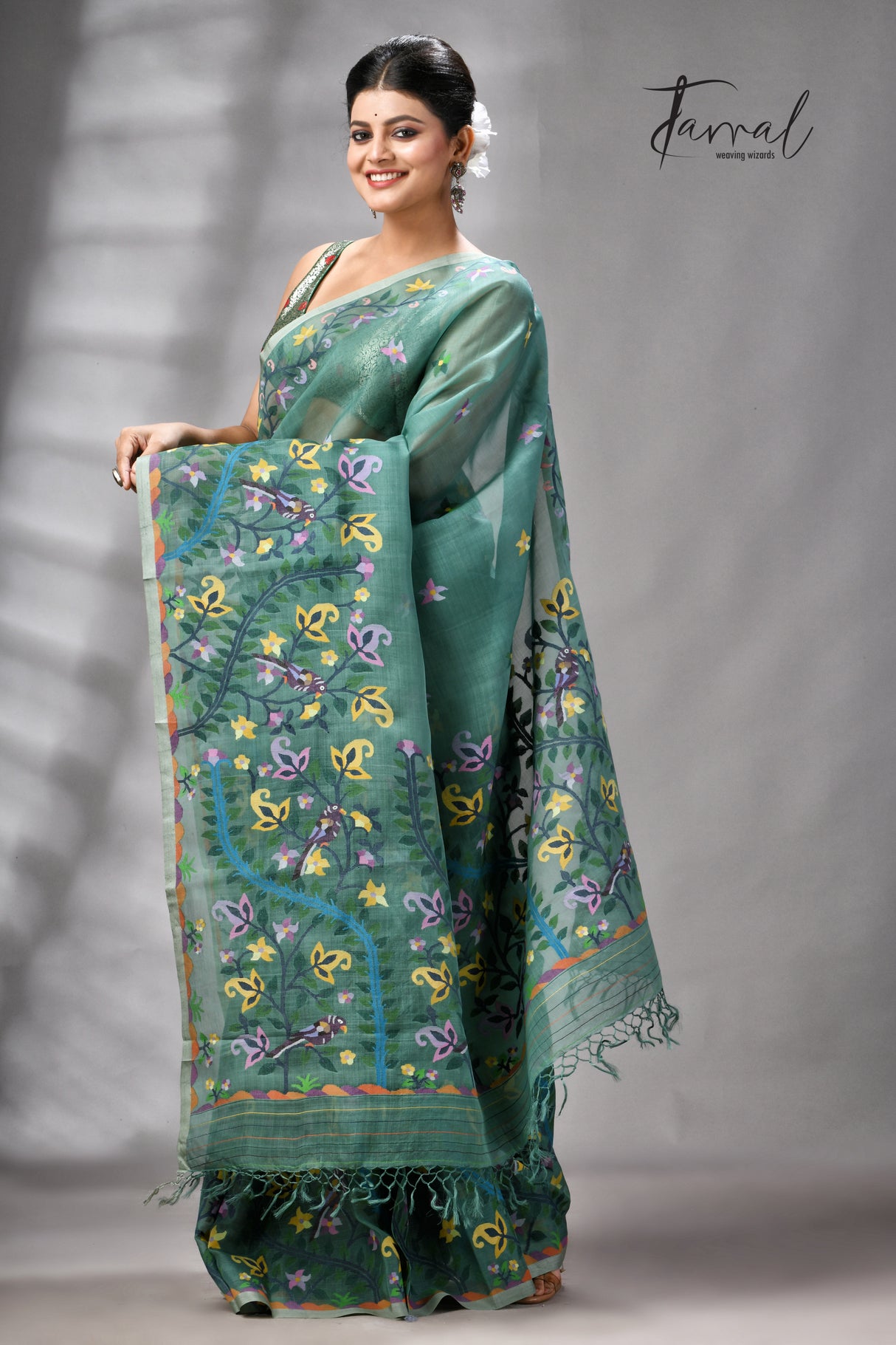 Pine Green Allover Floral With Birds Motifs Handwoven Muslin Silk Jamdani Saree