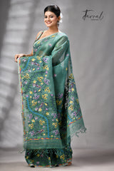 Pine Green Allover Floral With Birds Motifs Handwoven Muslin Silk Jamdani Saree