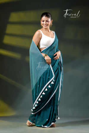 Teal Blue Handloom Jamdani Saree | Geometric Motifs | Minimal Border | Tamal Boutique