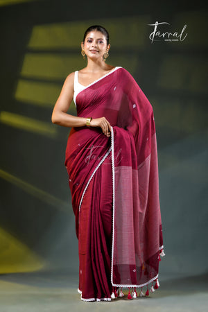Maroon Handloom Jamdani Saree | Geometric Motifs | Minimal Border | Tamal Boutique